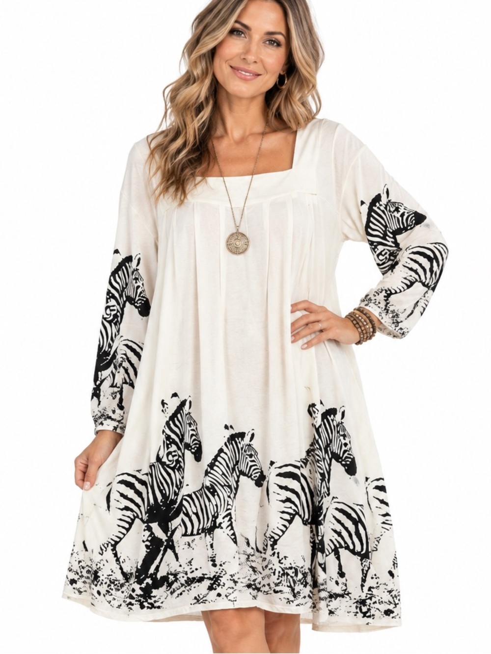 Ivory Zebra Graphic Long Sleeve Tunic Dress 3X